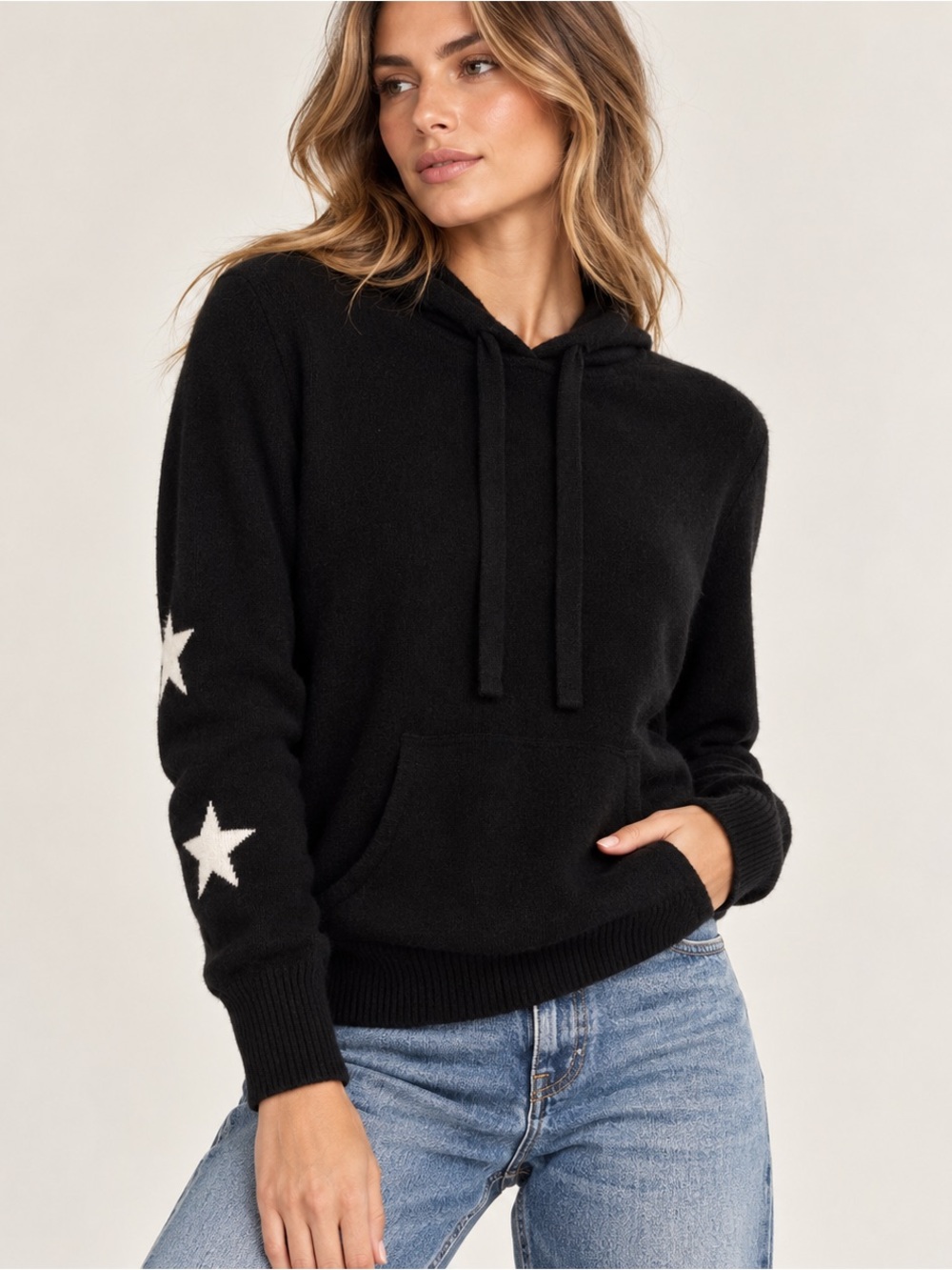 NWT Chelsea & Theodore Black Star Print Hooded Cashmere Sweater XS - Picture 1 of 7